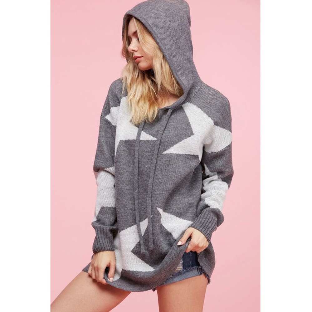 Gray White Star Hoodie Sweater Knit Tunic Top